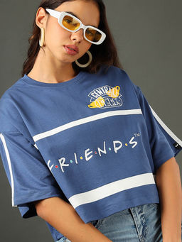 Bewakoof - Heavy Duty 1.0 Women's Blue Friends Gang Logo Graphic Printed Oversized Short Top
