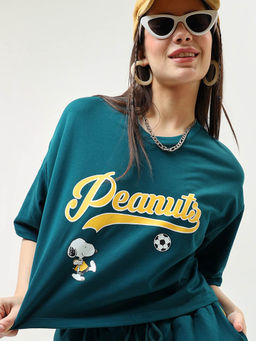 Bewakoof - Official Peanuts Women's Green Printed Oversized Short Top