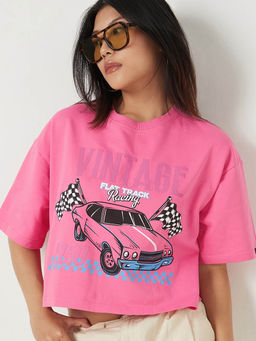 Bewakoof - Heavy Duty 1.0 Women's Pink Vintage racing Graphic Printed Oversized Short Top