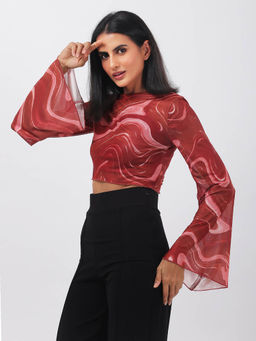 ANVI Be Yourself - Abstract Printed Rust Round Neck Bell Sleeves Net Fitted Crop Top