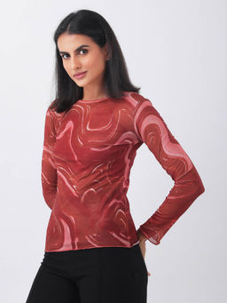ANVI Be Yourself - Abstract Printed Rust Round Neck Long Sleeves Net Fitted Regular Top