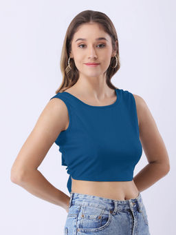 ANVI Be Yourself - Solid Teal Ribbed Sleeveless Crop Top for Women