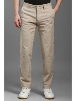 Louis Philippe - Men Beige Slim Tapered Fit Textured Flat Front Casual Trousers