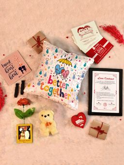 Indigifts - Valentine Cushion, Teddy, Artificial Rose and Photo Magnet (Set Of 14) (12X12 Inches)