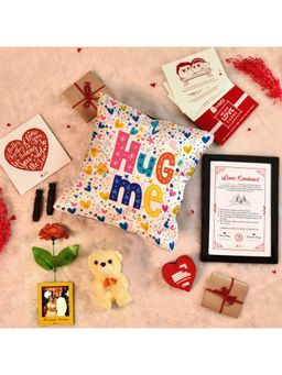 Indigifts - Combo Set Cushion, Teddy, Artificial Rose, Photo Magnet, Cards (Set Of 14) (12X12 Inches)