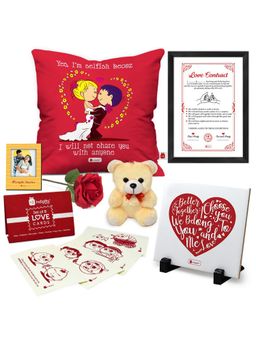 Indigifts - Love Quote Cushion, Teddy, Artificial Rose (Set Of 14) (12X12 Inches)