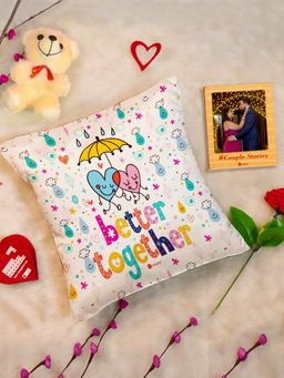 Indigifts - Gift Cushion, Cute Teddy, Artificial Rose, Photo and Magnet (Set Of 5) (12X12 Inches)