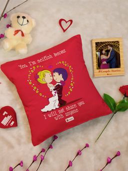 Indigifts - Love Quote Cushion, Cute Teddy, Rose and Magnet (Set Of 5) (12X12 Inches)