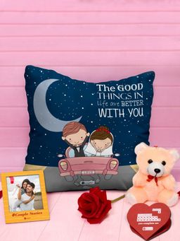Indigifts - Valentine Quote Cushion, Teddy, Rose and Magnet (Set Of 5) (12X12 Inches)