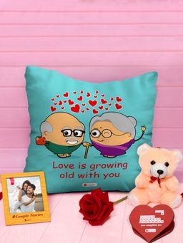 Indigifts - Valentine Cushion, Teddy, Rose and Magnet (Set Of 4) (12X12 Inches)