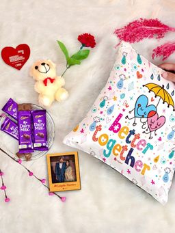 Indigifts - Cushion, Teddy, Artificial Rose, Photo Magnet and Dairy Milk (Set Of 9) (12X12 Inches)