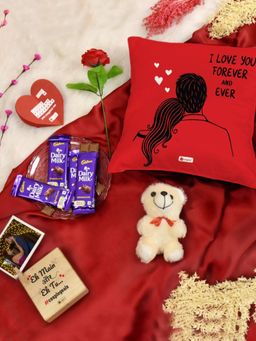 Indigifts - Gift Cushion, Photo Stand, Card, Teddy, Rose and Dairy Milk (Set Of 10) (12X12 Inches)