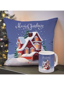 Indigifts - Christmas Printed Blue Cushion Cover with Filler and Coffee Mug (Set of 2) (12x12 inches)