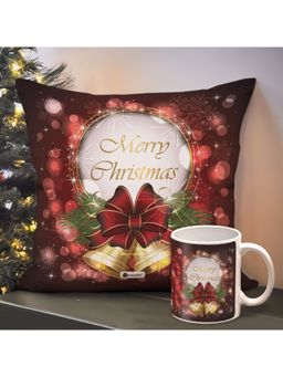 Indigifts - Merry Christmas Printed Red Cushion and Coffee Mug (Set of 2) (12x12 inches)