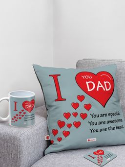 Indigifts - Father Day Cushion, Ceramic Mug 330 Ml and Coaster (Set of 3) (12x12 inches)