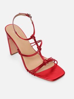 Tao Paris - Women Leather Red T-Strap Block Heels Sandals