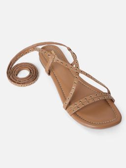Tao Paris - Women Leather Tan Strappy Tie-up Flat Sandal Gladiator With Eyelets