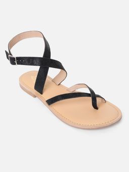 Tao Paris - Women Black Textured Flat Open Toe Sandal