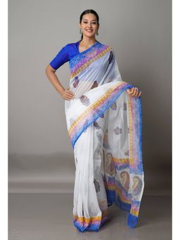 Unnati Silks - White Banarasi Block Printed Checks Silk Saree with Unstitched Blouse