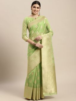 VAIRAGEE - Designer Green and Golden Ethnic Motifs Organza Saree with Unstitched Blouse