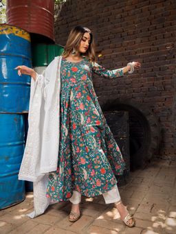 POMCHA - Jasmine Hand Block Pure Cotton Anarkali (Set of 3)