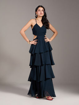 Twenty Dresses by Nykaa Fashion - Black Solid Ruffled Fit and Flare Maxi Gown