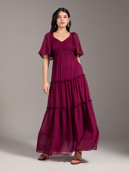 Twenty Dresses by Nykaa Fashion - Wine Solid Flared Sleeves Tiered A Line Maxi Gown