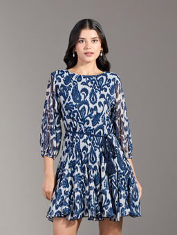 Twenty Dresses by Nykaa Fashion - Blue Printed Fit And Flare Short Dress with Belt (Set of 2)