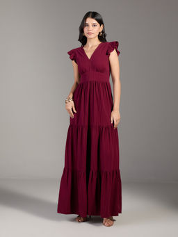 Twenty Dresses by Nykaa Fashion - Wine Self Design V Neck Ruffled Sleeves Flared Maxi Dress