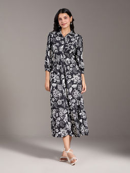 Twenty Dresses by Nykaa Fashion - Black And White Floral Print Tiered Ankle Length Shirt Dress