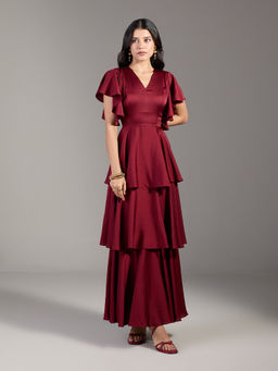 Twenty Dresses by Nykaa Fashion - Wine Solid V Neck Ruffle Sleeves Tiered Satin Maxi Dress