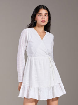 Twenty Dresses by Nykaa Fashion - White Textured V Neck Ruffled Mini Wrap Dress