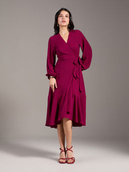 Twenty Dresses by Nykaa Fashion - Wine V Neck Bishop Full Sleeves Midi Wrap Dress