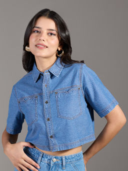Twenty Dresses by Nykaa Fashion - Mid Blue Solid Boxy Half Sleeves Crop Denim Shirt