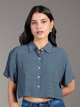 Twenty Dresses by Nykaa Fashion - Blue Geometric Print Short Sleeves Crop Shirt