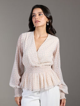 Twenty Dresses by Nykaa Fashion - Cream Polka Textured Full Sleeves Wrap Peplum Top
