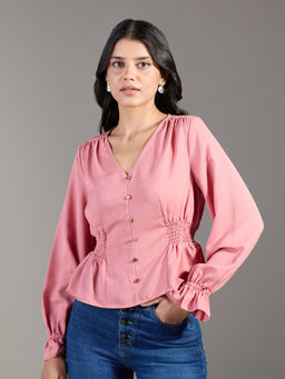 Twenty Dresses by Nykaa Fashion - Pink Solid V Neck Full Sleeves Peplum Top