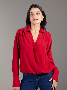 Twenty Dresses by Nykaa Fashion - Red Solid V Neck Collared Wrap Blouson Top