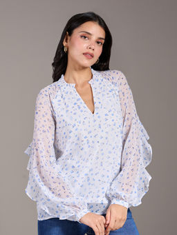 Twenty Dresses by Nykaa Fashion - White And Blue Floral Print Ruffled V Neck Full Sleeves Top