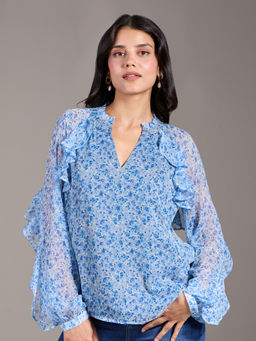 Twenty Dresses by Nykaa Fashion - Blue And White Floral Print Ruffled V Neck Full Sleeves Top