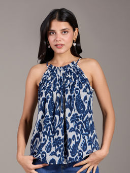 Twenty Dresses by Nykaa Fashion - Blue And White Abstract Print Halter Neck Sleeveless Top