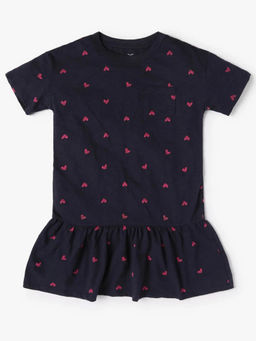 GAP - Girls Heart Print Crew Neck Tiered Dress - Navy Blue