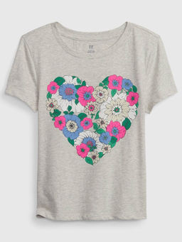 GAP - Girls Floral Heart Round Neck T-Shirt - Grey
