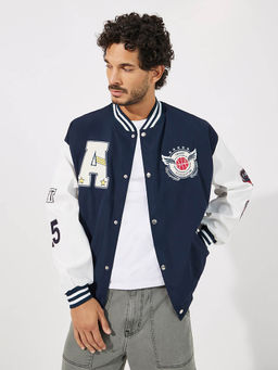 Styli - Men Badge Detail Varsity Bomber Jacket with Rib Detail Navy Blue