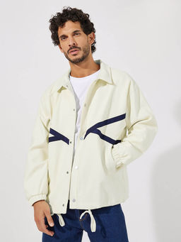Styli - Men Contrast Detail Windbreaker Jacket with Button Up Detail Cream