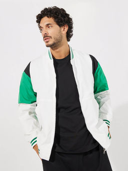 Styli - Men Retro Colorblocked Bomber Jacket with Rib Detail White & Green