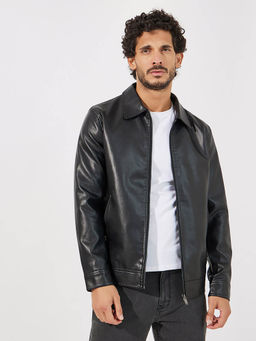 Styli - Men Faux Leather Collared Jacket with Zipper Pocket Black