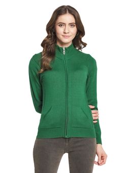 Monte Carlo - Women Wool Blend Green Solid High Neck Cardigan