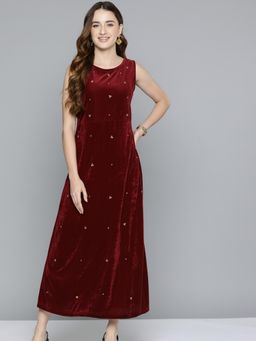 Scoup - Dark Red Embellished Velvet Dress