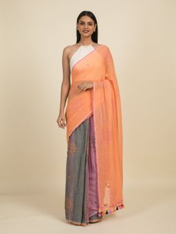 Suta - Orange and Grey Floral Block Printed Mul Cotton Saree